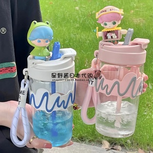 日本代购GP夏季新款水杯女大容量高颜便携儿童随行带盖吸管玻璃杯