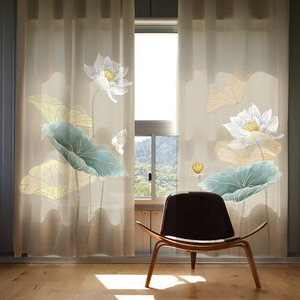 荷花雅致新中式好看古风国风窗帘卧室客厅装饰复古窗纱纱帘半透光