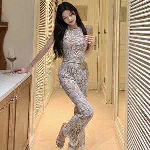 泰国连体裤火之迷恋平采娜白色睫毛蕾丝修身无袖背心连衣喇叭长裤