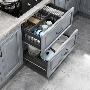 拉篮厨房橱柜双三层抽屉式碗架太空铝合金抽中抽碗柜内收纳碗碟锅