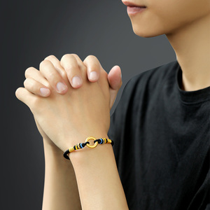 黄金手链男999足金纯金编织手绳红绳黄金小平安扣手链男女款五彩