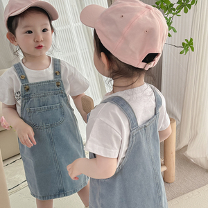 韩版女童夏季背带牛仔裙套装2024新款女宝宝儿童夏装洋气休闲裙子