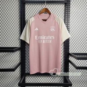 正品阿迪达斯23-24法甲里昂赛前热身粉色足球训练服短袖球衣波衫
