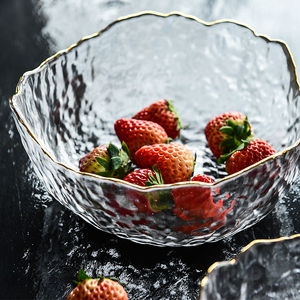 瑕疵日式手工描金边不规则玻璃碗创意透明水果盆荔枝纹蔬菜沙拉碗