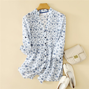 纯棉碎花七分袖衬衫风琴褶早秋外贸女士套头衬衣 81