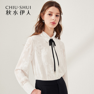 预售秋水伊人衬衫2019春装新款女装时尚蝴蝶结系带撞色衬衫上