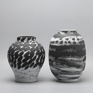 新中式样板房间黑白条纹花瓶摆件干花插花台面摆设家居装饰品花器