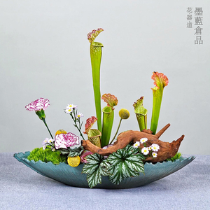 日本进口万古烧陶瓷船型大号花盘花器 中式禅意花道插花手造器皿