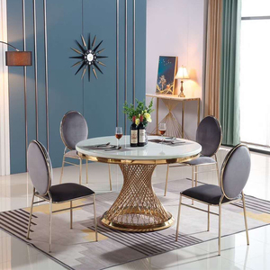 轻奢大理石圆餐桌转盘家用现代简约时尚不锈钢岩板饭桌样板房家具