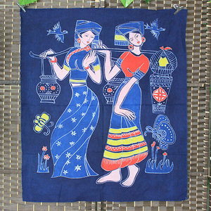 蜡染画双挑云南傣族特色图案布画餐厅酒吧背景装饰画民族工艺挂布