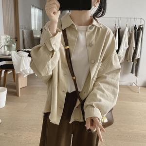 韩国工装外套女式春秋季宽松大码显瘦大口袋复古棉质前短后长上衣