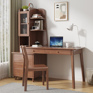 实木伸缩书桌书架书柜一体多功能办公桌转角家用靠墙带副柜电脑桌
