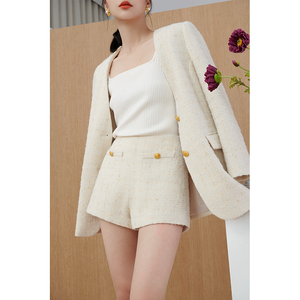 mona原创女装小香风套装女春季时髦西装外套轻奢短裤羊毛两件套装