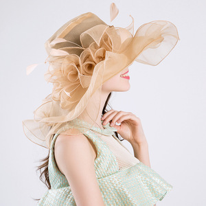 太阳帽子夏新款防紫外线欧美女时装帽防晒花朵时尚纱帽大沿遮阳帽