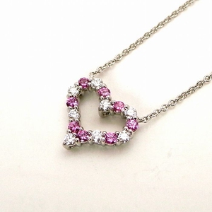 二手真品tiffany蒂芙尼首饰pt950铂金钻石粉红蓝宝石心形吊坠项链