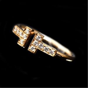 二手真品tiffany蒂芙尼18k黄金镶钻双t字开口戒指13号