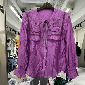 欧洲站2022春季sasa新款女装圆领系带刺绣镂空喇叭袖气质衬衫9019