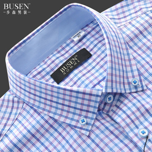 busen步森短袖衬衫中青年男士休闲纯棉格子夏季方领格纹半袖衬衣