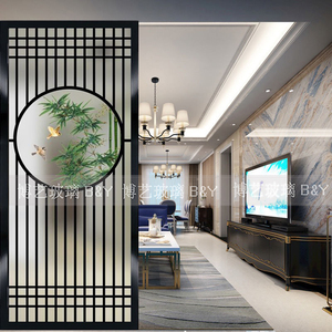 000人付款淘宝艺术玻璃隔断新中式鞋柜荷花竹子屏风卫生间隔墙双面