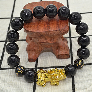 镀金色麒麟黑玛瑙手串六字真言串珠手链男士女生小时尚佛珠饰品