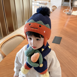 儿童帽子围巾套装冬天宝宝婴儿帽秋冬季护耳帽男童女童恐龙毛线帽