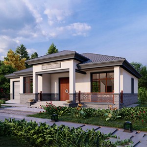 1001一层别墅设计图纸中式三间农村自建房单1层简单经济型带车库