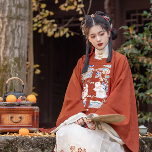 瞳莞明制汉服方领对襟大袖短袄兔年红色补服照月眠3.0春季新品