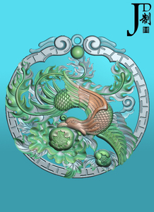 精雕图凤凰牡丹花鸟雕刻图灰度图浮雕图圆形木雕吊坠jdp格式