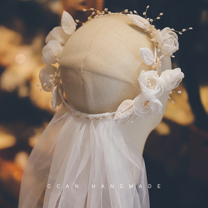 新款森系手工玫瑰花苞花环头纱新娘婚纱配饰写真摄影跟妆造型头饰