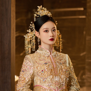 喜看原创金色中式秀禾头饰套装新娘结婚古装汉服写真样片造型配饰