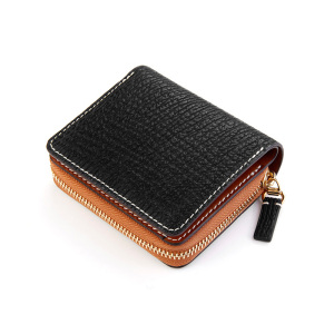 聚变纯手工皮具黑色鲨鱼皮竖款短钱包版男女真皮双开暗扣钱夹定制