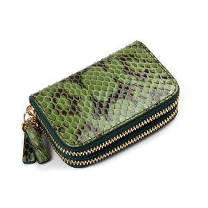 聚变纯手工皮具高端绿色花蛇皮真皮双拉链双层零钱卡包钥匙包定制