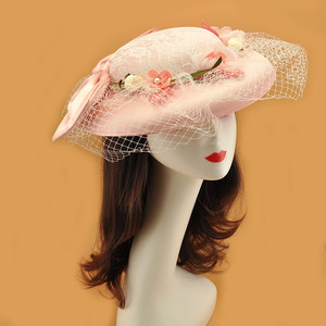 粉色蕾丝新娘帽子大蝴蝶结面纱礼帽欧式宫廷礼服头饰写真影楼拍照