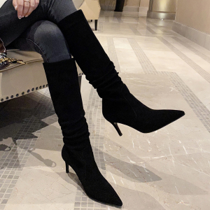 长筒靴子女细跟褶皱2021秋冬季牛皮高跟鞋长靴性感显瘦高筒骑士靴