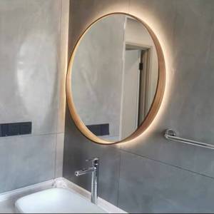 浴室镜圆形化妆镜子卫生间led发背光灯智能带灯除雾实木框镜壁挂