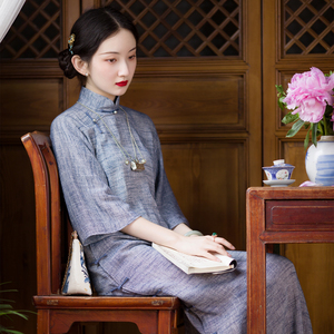 民国风棉麻斜襟旗袍