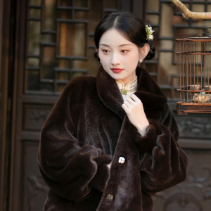 知君晚梦丨一城风絮丨冬款复古民国风深咖啡色仿皮草旗袍外套大衣