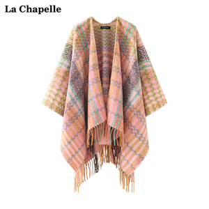 拉夏贝尔/La Chapelle流苏针织披肩女拼色旅游斗篷外套保暖围巾