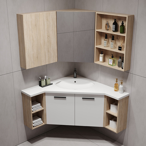 定制三角浴室柜组合小户型转角岩板洗手盆斜角墙角实木异型洗漱台