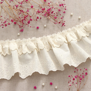 韩国进口纯棉刺绣玫瑰蕾丝边 双层褶皱花边装饰娃衣服装配饰 米色