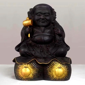 修明堂仿古香樟木单面黑色大黑天护法神七福财神家居公司店铺摆件