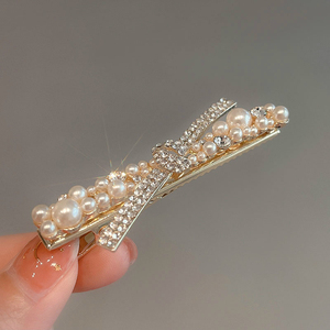 韩国网红珍珠水钻发夹时尚百搭交叉结带钻边夹气质刘海夹发卡头饰