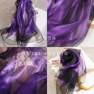 升级版魅力紫色金丝造型围巾2024年春夏丝巾韩版女长款双层披肩