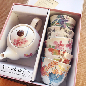 包邮现货日本进口美浓烧和蓝花卉繁花樱花茶壶茶杯套装新婚礼物