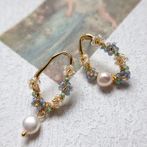 手工串珠珍珠花朵耳环