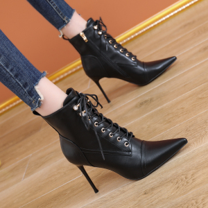 大牌高跟鞋女秋冬季新款系带尖头细跟短靴女时装气质马丁靴瘦瘦靴