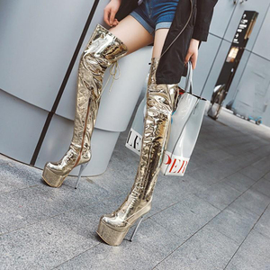 镜面过膝靴夜店演出14cm细跟长靴钢管舞漆皮细跟大码性感防水台女