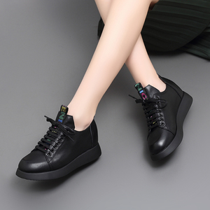 内增高女鞋2022新款真皮小黑鞋女系带坡跟运动休闲鞋平底百搭单鞋