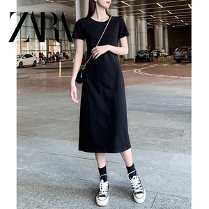 ZARA黑色连衣裙女2024新款夏季直筒长款显瘦过膝气质休闲t恤裙子