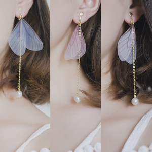 秒变仙女 薄纱蜻蜓翅膀进口水晶珍珠不对称耳环耳坠耳夹 银耳勾